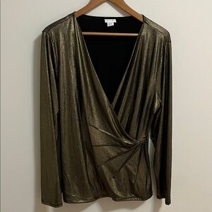 Jaclyn Smith Top Blouse Faux Wrap Woman’s XXL Deep V Neck Shiny Gold Long Sleeve